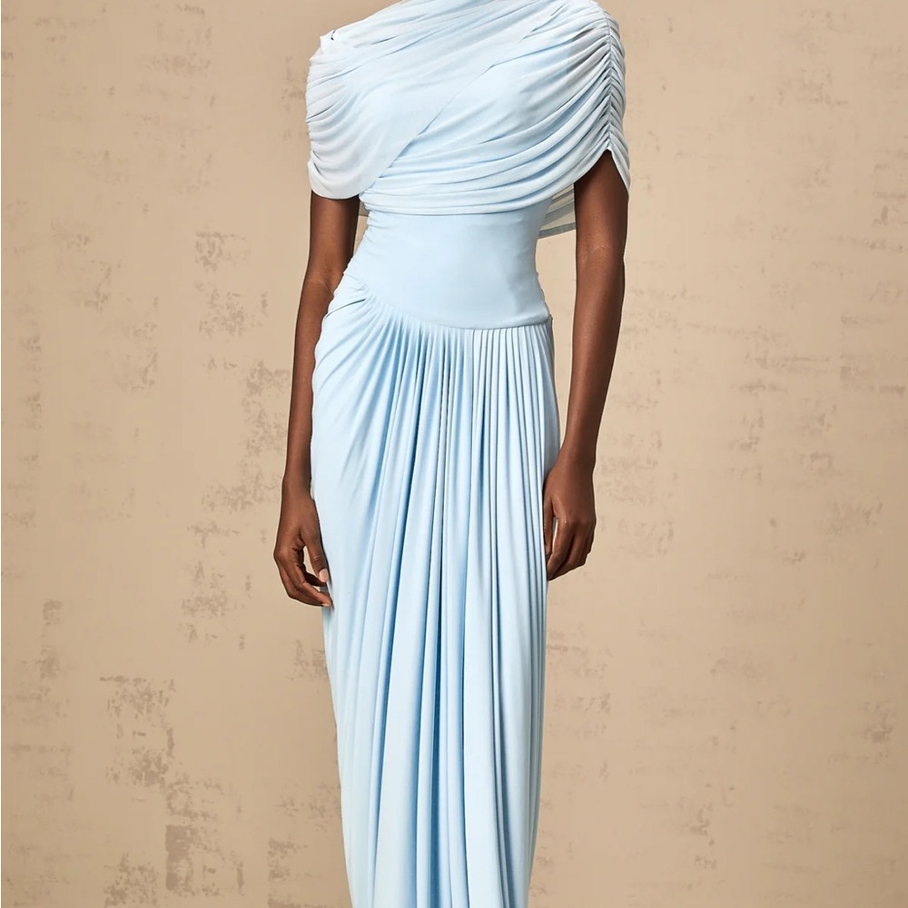 Miss Rosier CATHERINE ASYMMETRIC PLEATED MAXI DRESS IN BABY-BLUE